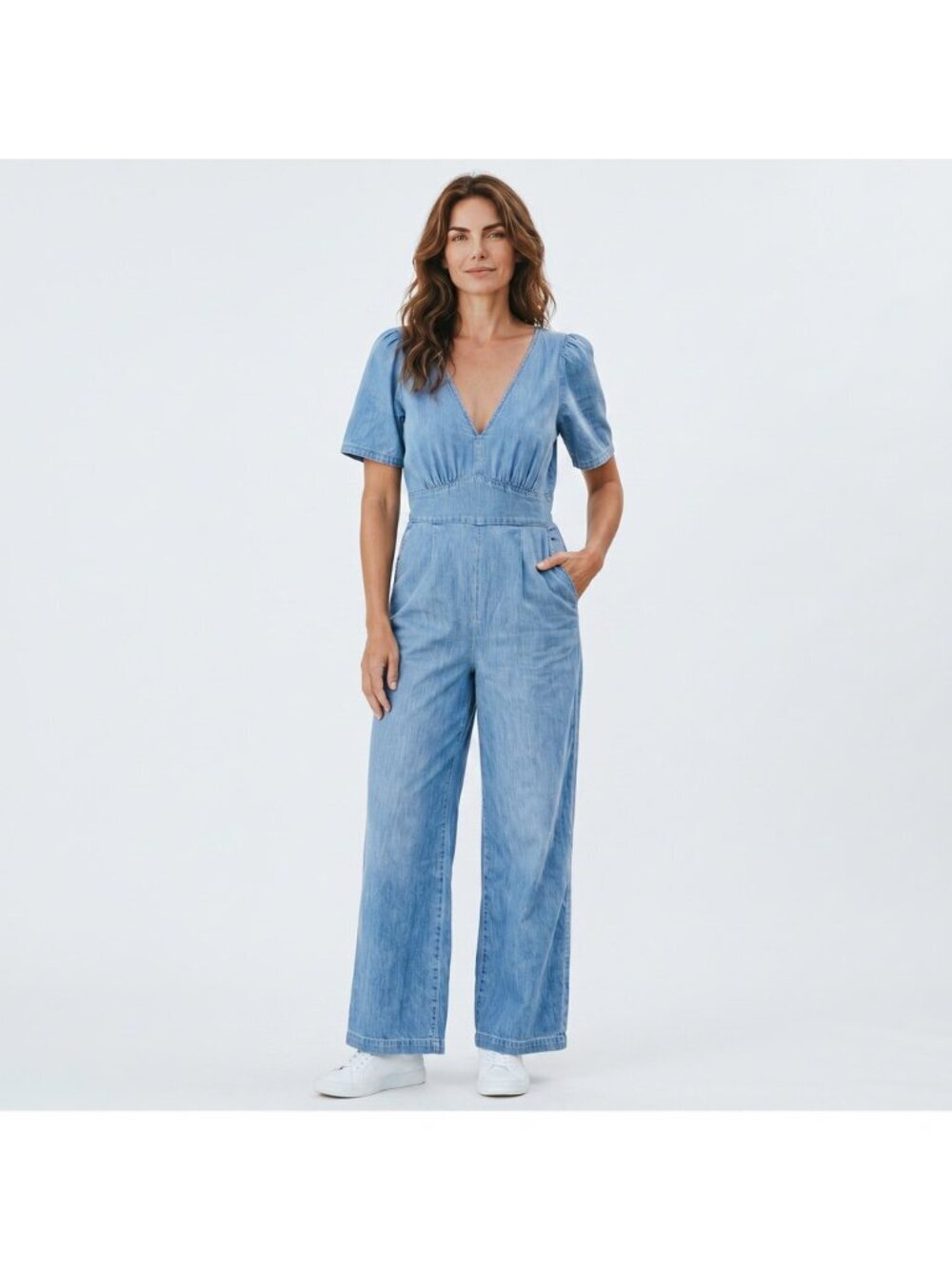 Old Navy Jumpsuit Women M Blue Chambray Denim Puff Sleeve Wide Leg Pocket Casual